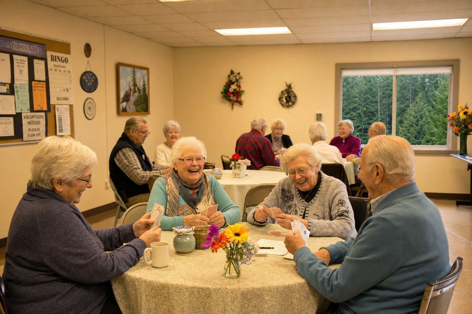 Seniors playing cards and socializing inside Harbor Senior Connection, with evergreen trees visible outside