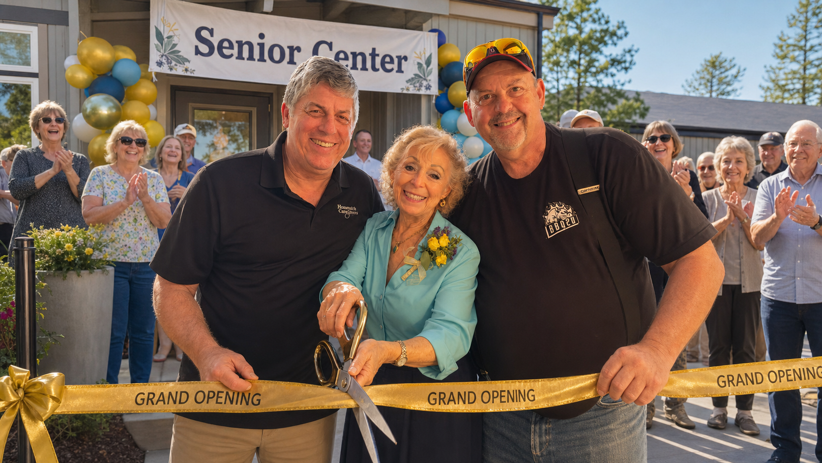 Joe Hillyer, Betty Lillienthal, and Gary Parker cutting the ribbon at Harbor Senior Connection's Grand Opening